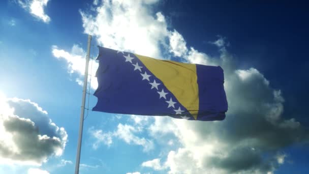 Bandiera della Bosnia-Erzegovina sventola contro il bel cielo blu — Video Stock