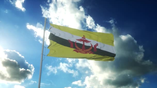 Vlag van Brunei zwaaiend naar wind tegen mooie blauwe lucht — Stockvideo