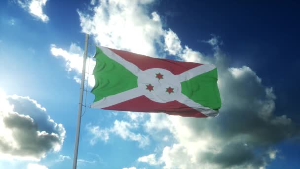 Bandera de Burundi ondeando al viento contra el hermoso cielo azul — Vídeos de Stock