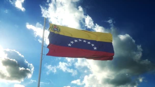 Flagge Venezuelas weht im Wind vor schönem blauen Himmel — Stockvideo