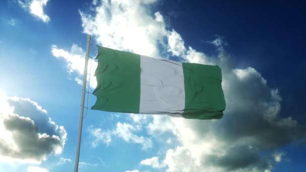 Nigerijská vlajka vlnící se proti větru proti krásné modré obloze — Stock video