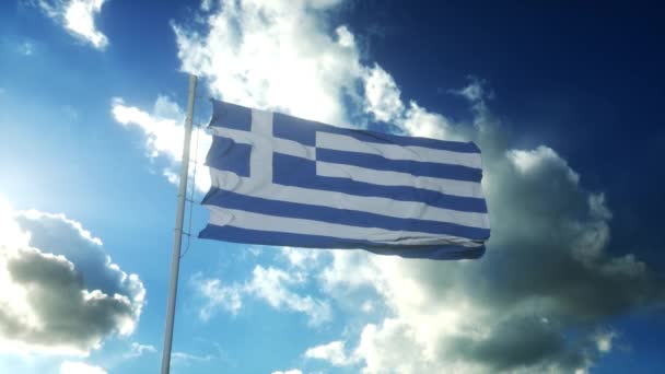 Bandeira da Grécia acenando ao vento contra o belo céu azul — Vídeo de Stock