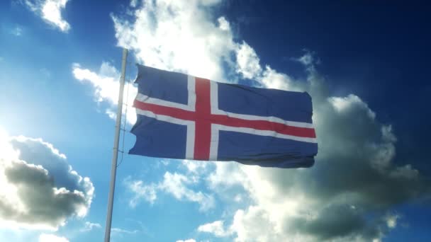 Islandská vlajka vlnící se proti větru proti krásné modré obloze — Stock video