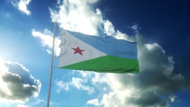 Σημαία του Τζιμπουτί κυματίζει στον άνεμο ενάντια στον όμορφο γαλάζιο ουρανό — Αρχείο Βίντεο
