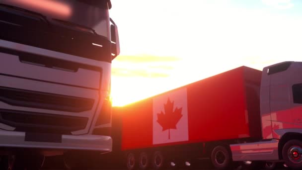 Вантажівки з прапором Канади. Вантажівки з Канади завантажують або розвантажують на складі. — стокове відео