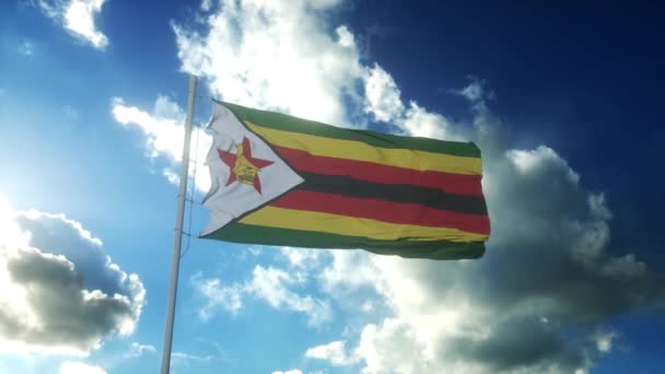 Flagga Zimbabwe viftar med vinden mot vacker blå himmel — Stockvideo