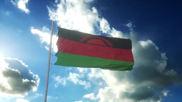 Bandera de Malawi ondeando al viento contra el hermoso cielo azul — Vídeo de stock