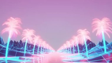 Kamera syntwave wiframe ağı boyunca hareket eder. Yolun etrafındaki palmiye ağaçları. Geri dalga manzarası
