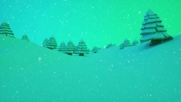 Feliz Natal e Feliz Ano Novo cumprimentando fundo. Paisagem de inverno com neve e árvores de Natal. Conceito de Natal VJ. Animação em loop 4K — Vídeo de Stock