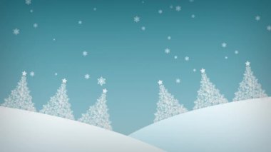 Mutlu Noeller ve mutlu yıllar konsepti. Noel ağaçlarıyla dolu bir tebrik kartı. Mavi arka planda kış yağışı