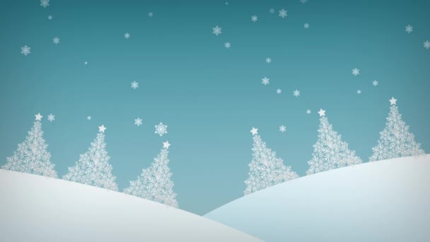 Feliz Navidad y Feliz Año Nuevo concepto. Tarjeta de felicitación animada con árboles de Navidad. Nieve de invierno sobre fondo azul — Vídeo de stock