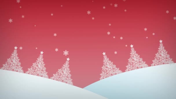 Χειμερινή χιονόπτωση σε κόκκινο φόντο. Καλά Χριστούγεννα και Καλή Χρονιά. Κινούμενη ευχετήρια κάρτα με χριστουγεννιάτικα δέντρα — Αρχείο Βίντεο