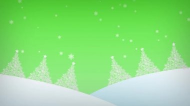 Noel ağaçlarıyla dolu bir tebrik kartı. Mutlu Noeller ve mutlu yıllar konsepti. Yeşil zemin üzerinde kış yağışı