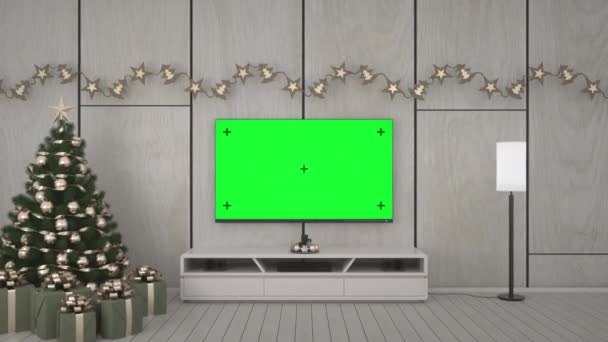 Woonkamer Kerstmis en TV met track groen scherm — Stockvideo