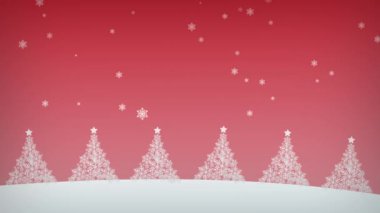 Mutlu Noeller ve mutlu yıllar konsepti. Noel ağaçlarıyla dolu bir tebrik kartı. Kırmızı zemin üzerinde kış yağışı