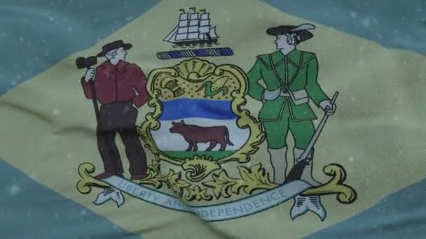 Bandera de invierno Delaware con fondo de copos de nieve. Estados Unidos de América — Vídeos de Stock