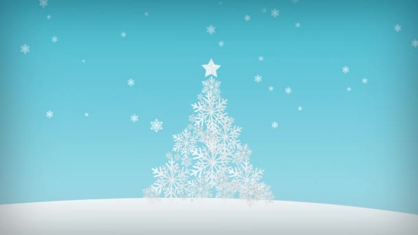 Tarjeta de felicitación animada con árboles de Navidad. Feliz Navidad y Feliz Año Nuevo concepto. Nieve de invierno sobre fondo azul — Vídeos de Stock