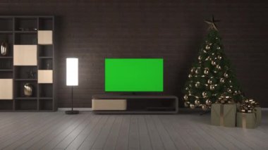 Televizyonlu Noel Salonu. Boş yeşil arkaplan ile TV ekranı