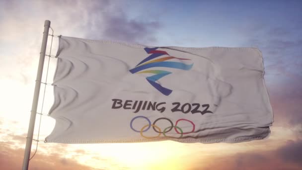 Peking, China, Dezember 2021: Pekings Flagge für die Olympischen Winterspiele 2022 weht im Wind, blauer Himmel — Stockvideo