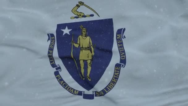 Bandera de invierno de Massachusetts con fondo de copos de nieve. Estados Unidos de América — Vídeos de Stock