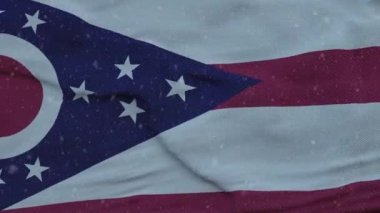 Ohio kış bayrağı, kar taneleri arka planda. Amerika Birleşik Devletleri