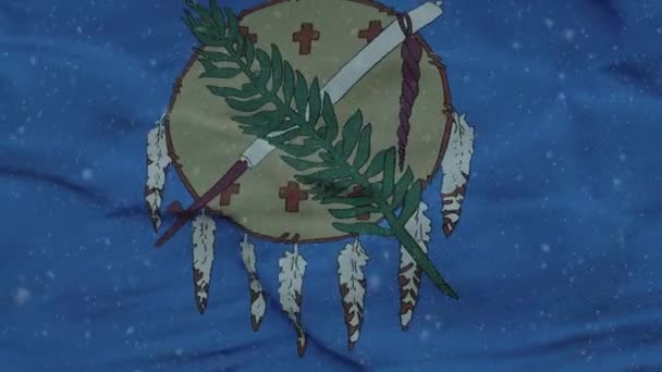 Bandera de invierno de Oklahoma con fondo de copos de nieve. Estados Unidos de América — Vídeos de Stock