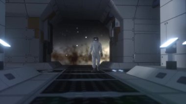 Fütürist uzay gemisinde astronot. Dünya görüşü. Fütürist ya da uzay yolculuğu geçmişi kavramı