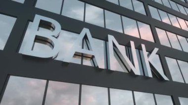 Modern cam gökdelendeki banka tabelası. Modern cephede aynalı gökyüzü ve şehir. İş ve finans kavramı