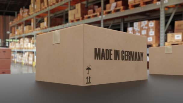 Коробки с надписью на немецком языке на конвейере. Американские товары, связанные с зацикленной 3D анимацией — стоковое видео