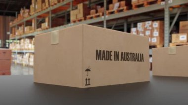Taşıyıcı üzerinde AUSTRALYA metni yapılmış kutular. Avustralya ürünleri ile ilgili döngüsel 3D canlandırma