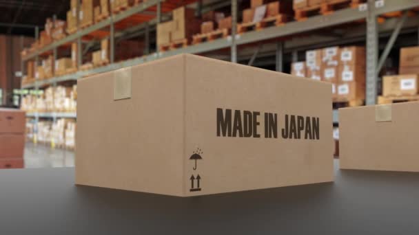 Коробки с заготовленными в японском тексте на конвейере. Японские товары, связанные с зацикленной 3D анимацией — стоковое видео
