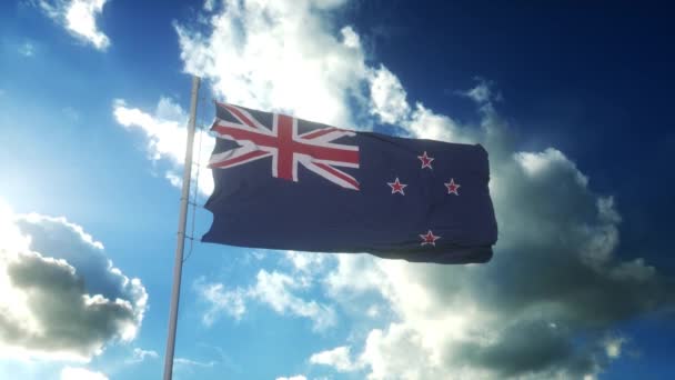 Flag of New Zealand waving at wind against beautiful blue sky — стокове відео