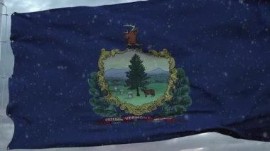 Kar taneleri arka planında Vermont kış bayrağı. Amerika Birleşik Devletleri