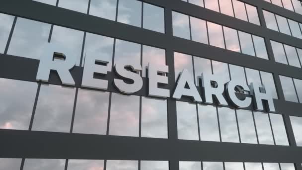 Research sign on a modern glass skyscraper. Research glass building — Stockvideo