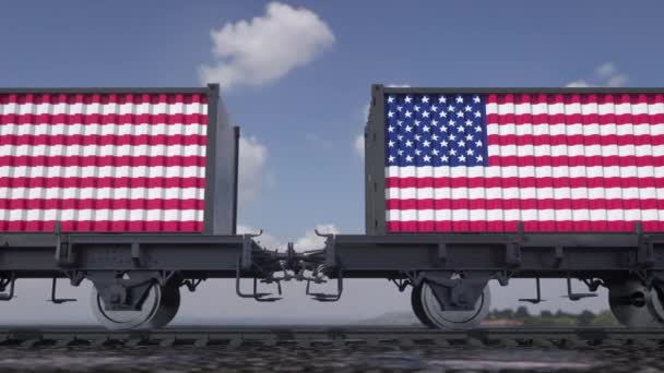 Containers with the flag of USA. American railway transportation — Stock video
