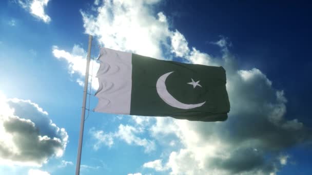 Flag of Pakistan waving at wind against beautiful blue sky — Stock videók