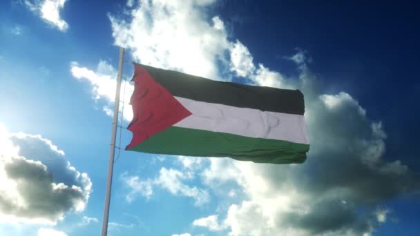 Flag of Palestine waving at wind against beautiful blue sky — Stockvideo