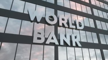 World Bank sign on a modern glass skyscraper. World Bank glass building