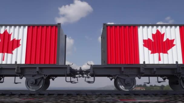 Containers with the flag of Canada. Railway transportation — Stock video