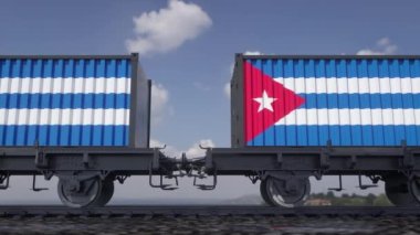 Containers with the flag of Cuba. Railway transportation