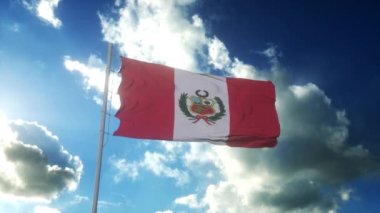 Peru bayrağı güzel mavi gökyüzüne karşı rüzgarda sallanıyor.