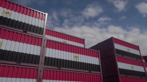 Egipto contenedores de bandera se encuentran en la terminal de contenedores. Egipto concepto de exportación o importación, 4K — Vídeo de stock