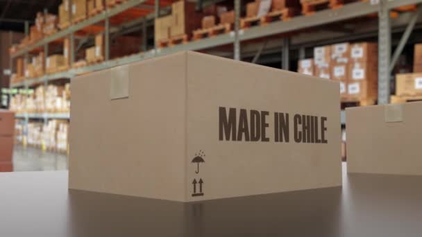 Dozen met MADE IN CHILE tekst op transportband. Chileense goederen gerelateerde loopable 3D animatie — Stockvideo