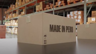 Konveyör üzerinde Peru metni yapılmış kutular. Peru ürünleri ile ilgili döngüsel 3D canlandırma
