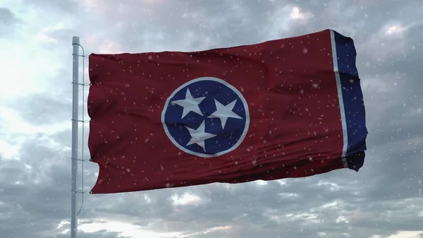 Tennessee Winter Flagge mit Schneeflocken Hintergrund. Vereinigte Staaten von Amerika. 3D-Darstellung — Stockfoto