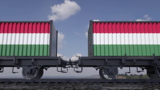 Контейнеры с флагом Венгрии. Железнодорожный транспорт — стоковое видео