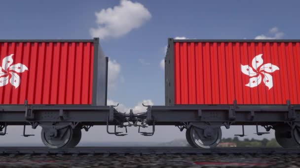 Containers with the flag of Hong Kong. Railway transportation — Stock Video