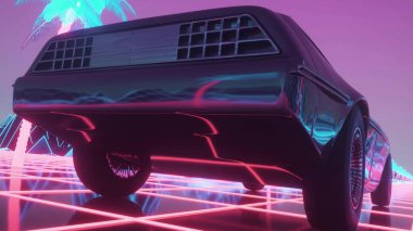 Fütürist araba Neon City 'den geçiyor. 3d oluşturma.