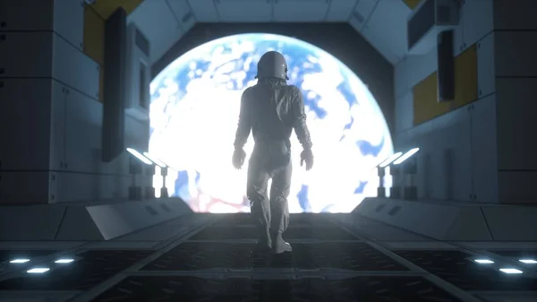 Űrhajós Űrben Futurisztikus Űrhajós Koncepció Egyedül Egy Űrhajós Futurisztikus Űrhajóban — Stock Fotó