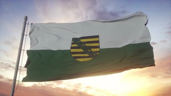 Saxônia Bandeira Alemanha Acenando Vento Céu Fundo Sol Renderização — Fotografia de Stock